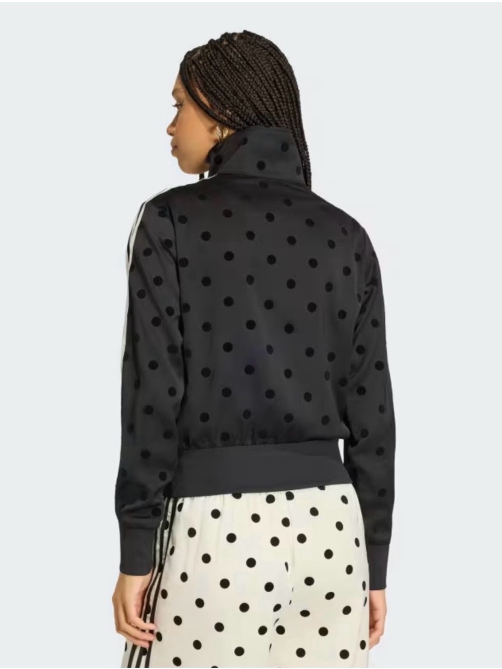 New Adidas Black Polka Dot Bomber Jacket with White Stripes - Picture 2 of 4